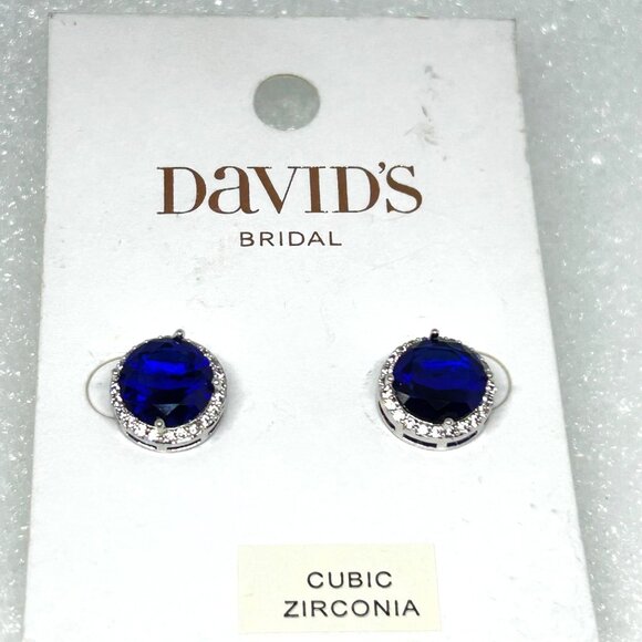 David's Bridal Cubic Zirconia Sapphire Blue Halo Post Earrings NWT - Picture 3 of 8